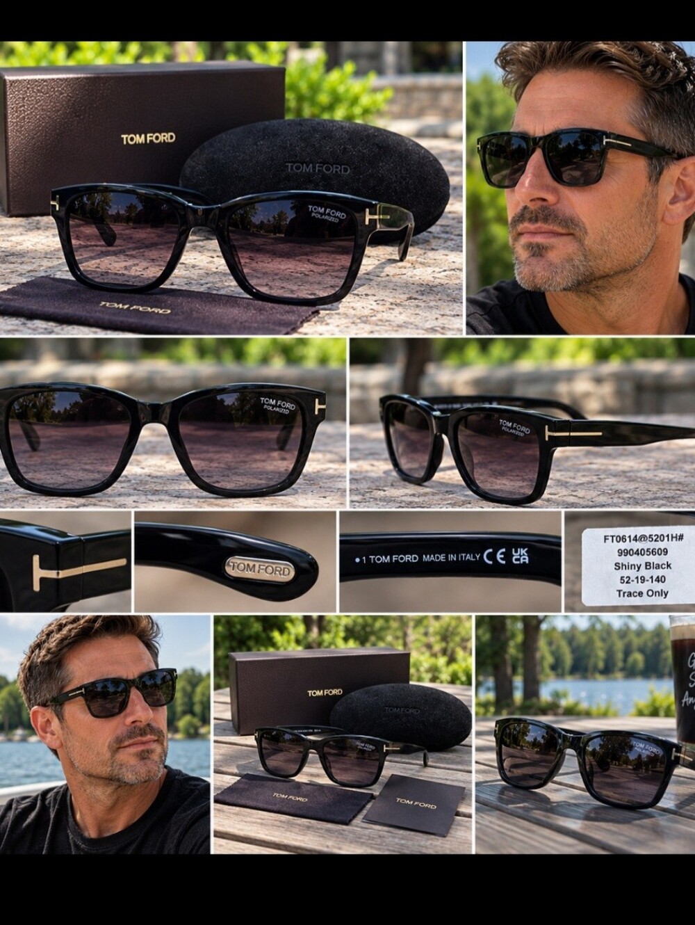Tom Ford Shiny Black Sunglasses with Gold T Accents and Gradient Lenses